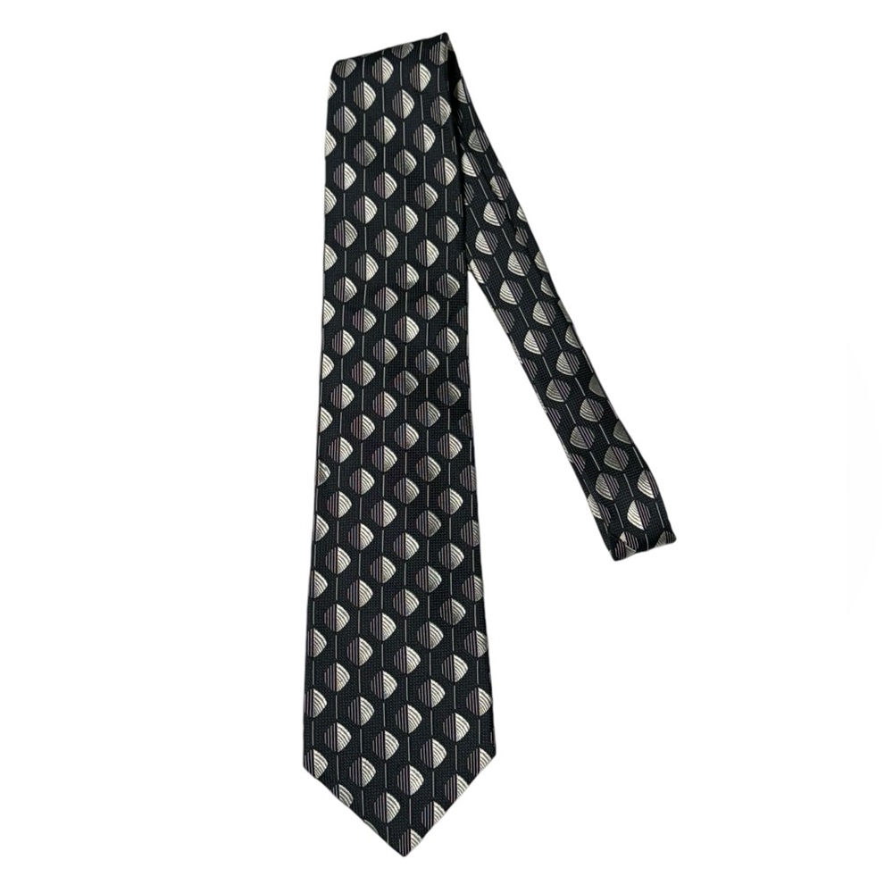Lands End 100% Silk Geometric Print Tie Mens Regular Navy Blue Party Career Work